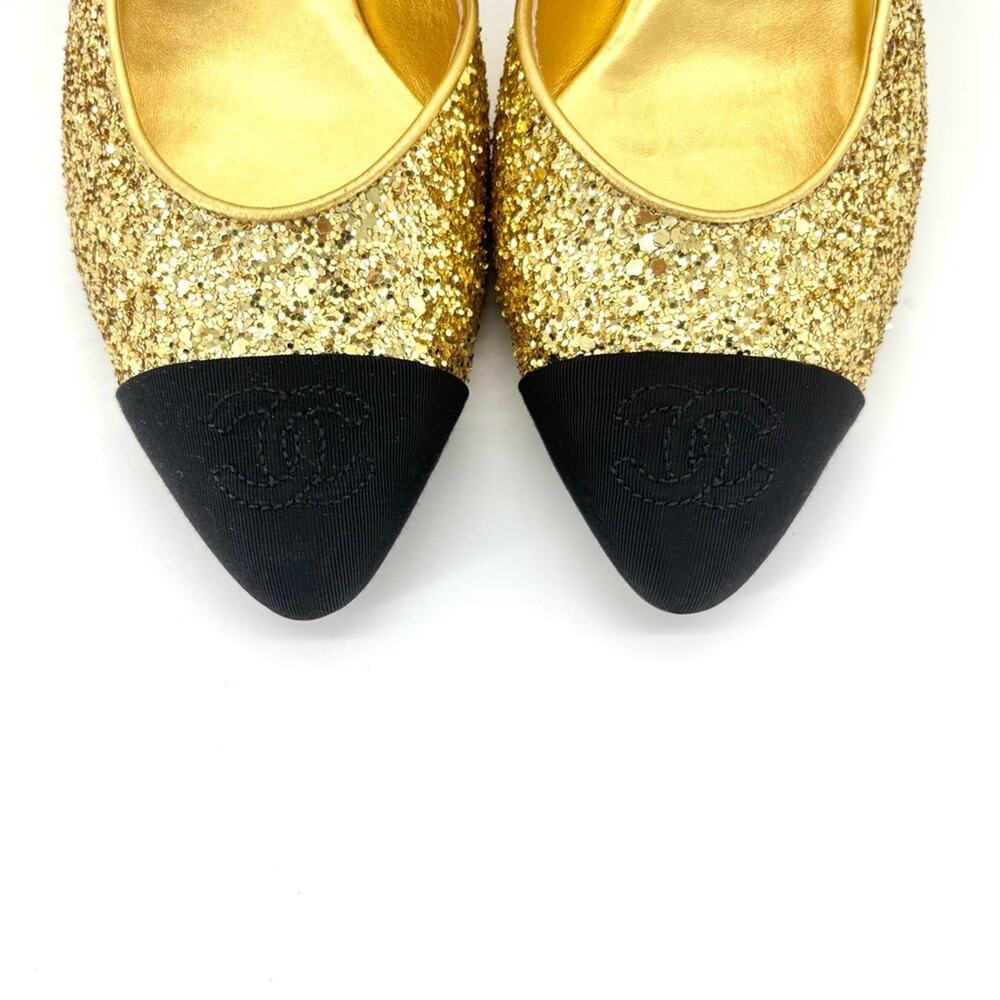 Chanel CC Logo Glitter and Grosgrain Cap Toe Slingback Platform Heel Pumps 37 - Picture 5 of 10